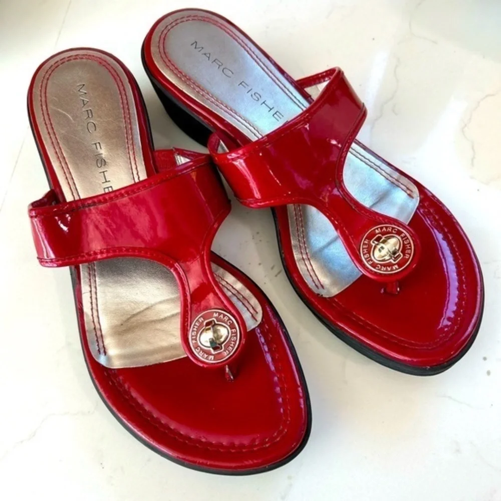 Marc Fisher Red Patent Leather Sandals with Metallic Embellishment
